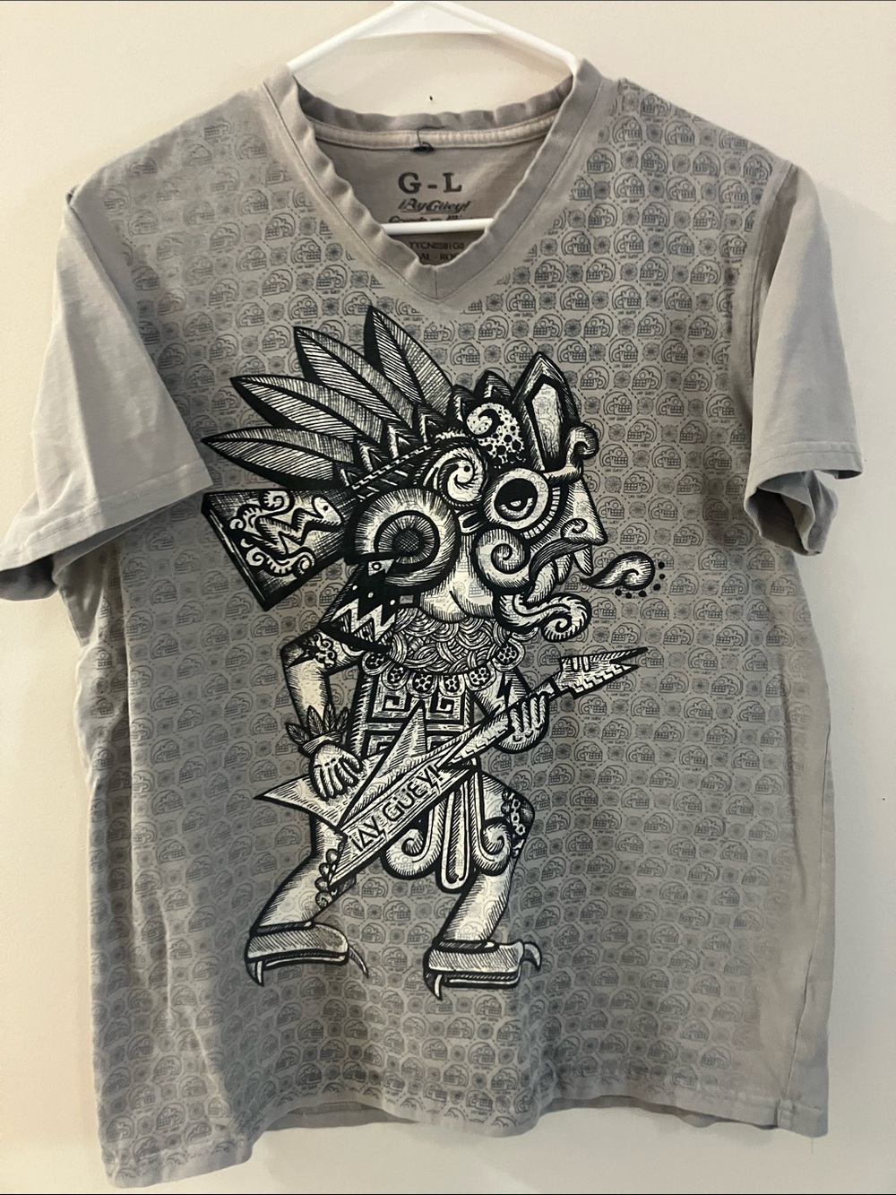 G•L Grey Graphic V-Neck Tee with Tribal Guitar Player. Large